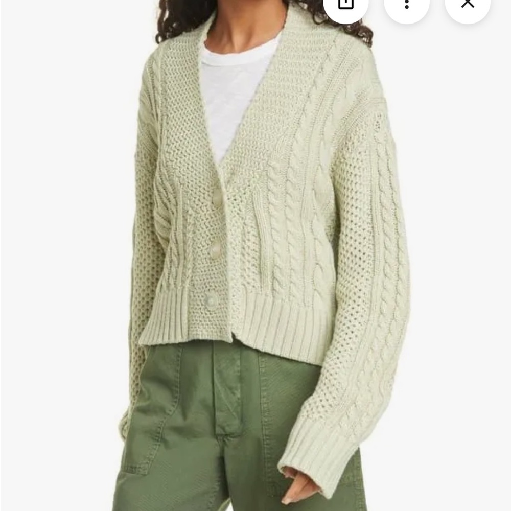 THE GREAT. Cropped Cable Knit Cardigan in Light green.